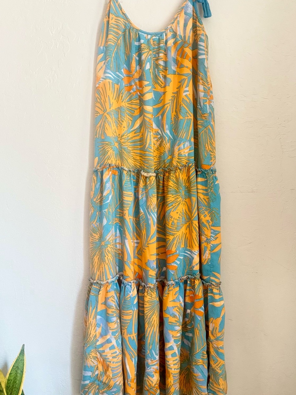 blue island Tropical Print Maxi Dress in Teal and Yellow